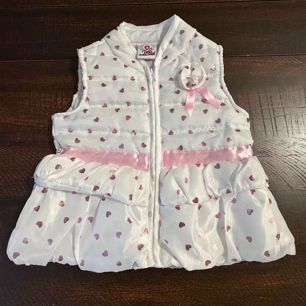 Real Love Girls Puffer Vest White Pink Metallic Hearts Ruffle Bow Size 24M Cute